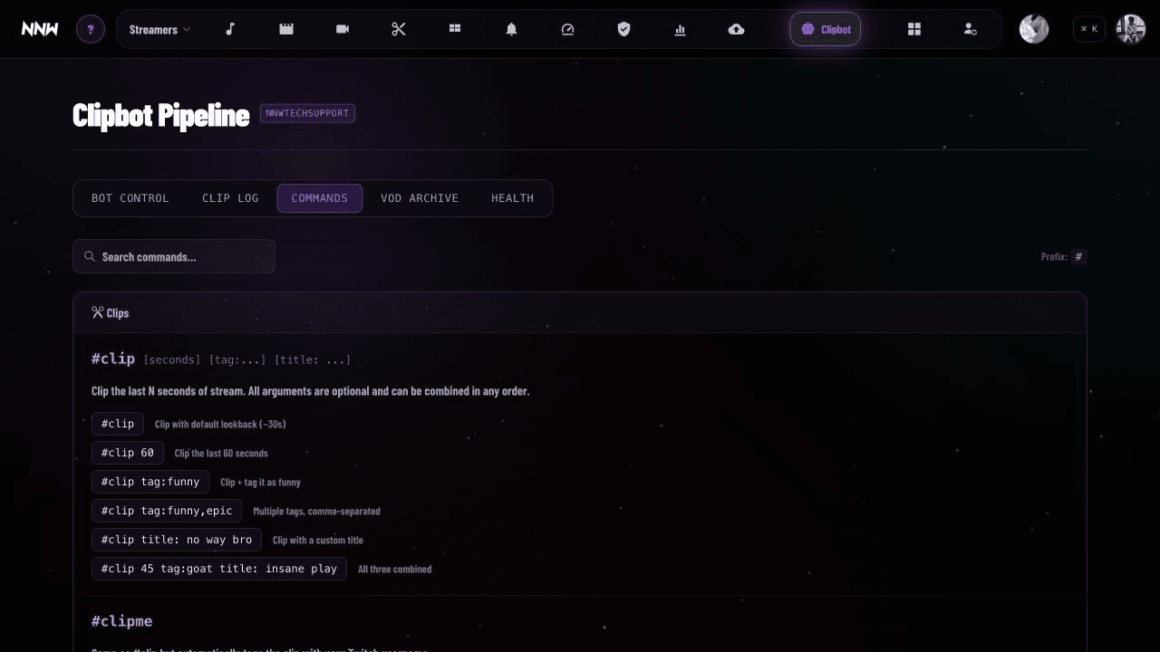 NNW Clipbot command reference showing production clip commands and usage guidance