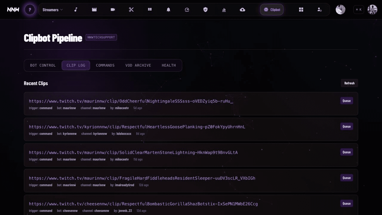 NNW Clipbot activity log with public Twitch clip links, triggers, channels, and queue actions