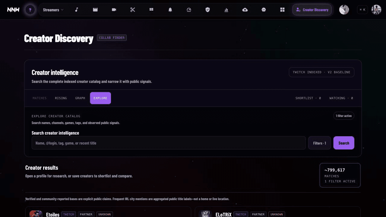 NNW Creator Explorer showing search, filters, and approximately 799,617 public matches