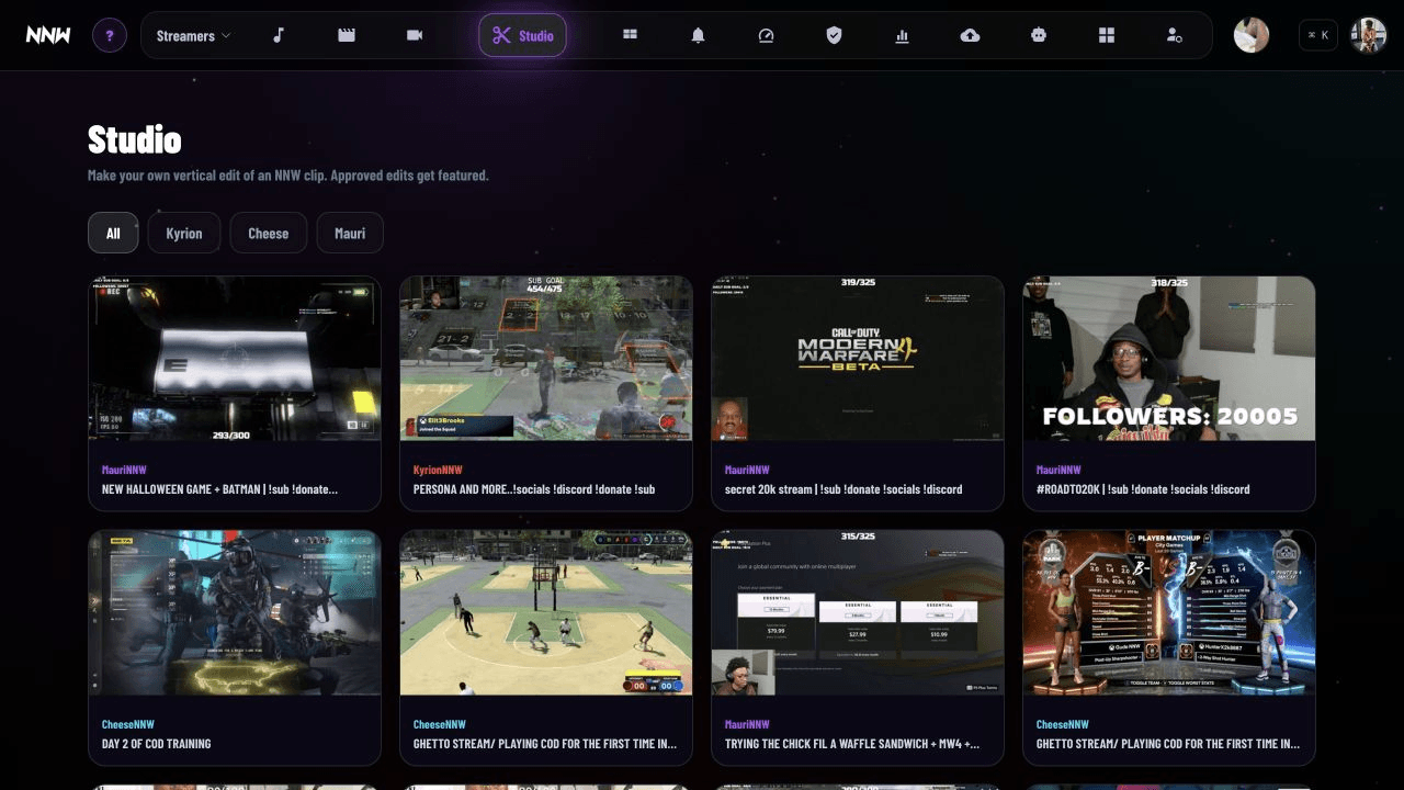 NNW Studio library showing public media assets and production actions