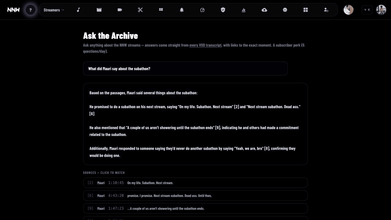 NNW Ask the Archive view showing a cited answer and exact source timestamps