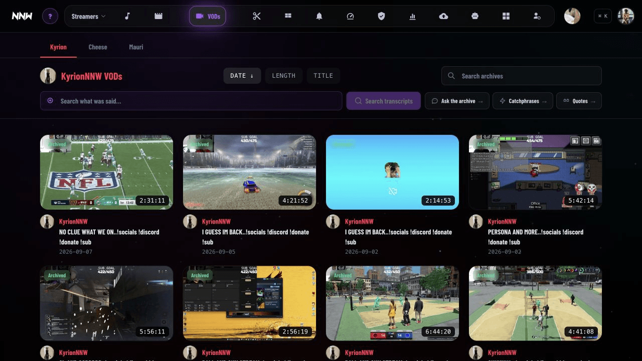 NNW VOD archive showing public full-length broadcasts with titles, dates, and durations