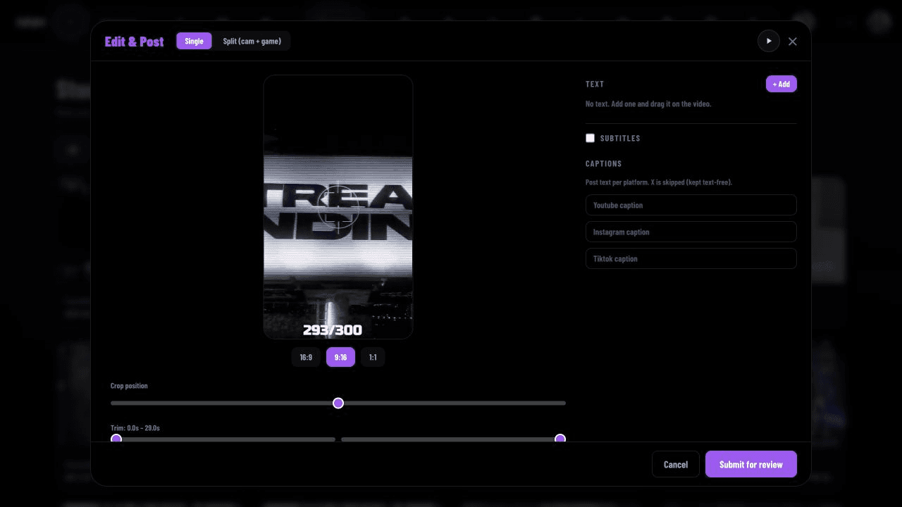 NNW vertical editor with a real public clip in a 9 by 16 preview and editing controls