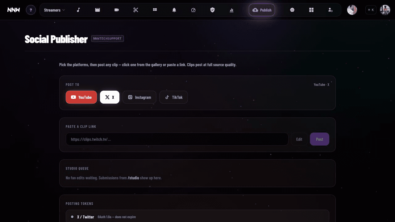 NNW social publisher showing platform selection, source input, and production queue